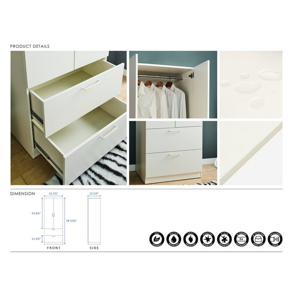 Klair Living Emma 2-Door Wood Closet with 2 Drawers and Hanging Bars in White