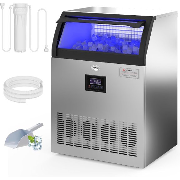 Sunvivi Commercial Ice Maker Machine, 265LBS/24H, 55LBS Storage Bin, Stainless Steel Under Counter Ice Machine for Restaurants, Bars, and Home Use, Includes Water Filter, Scoop, and Hose