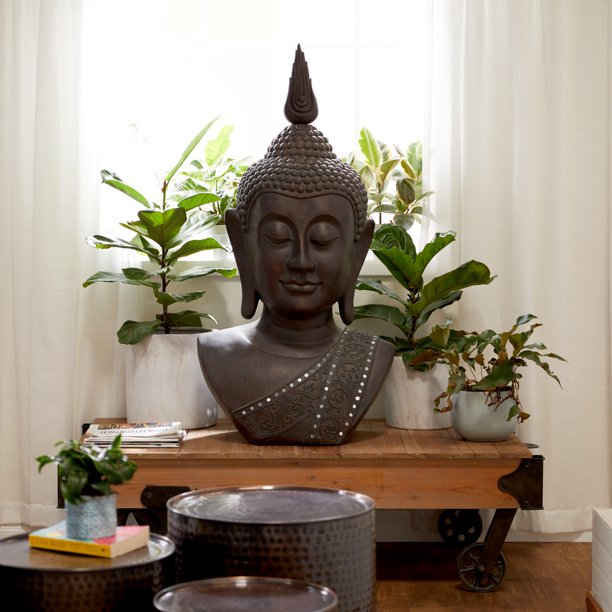 23" x 47" Black Polystone Meditating Buddha Sculpture with Engraved