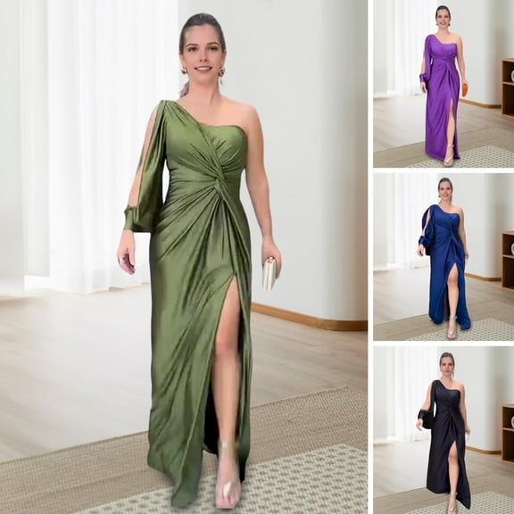 BAETEUY Women's Evening Dress, One Shoulder Single Open Sleeve, Split Hem, Slim Waist Pleated Knot Decor, Solid Color Prom Cocktail Party Maxi Dress