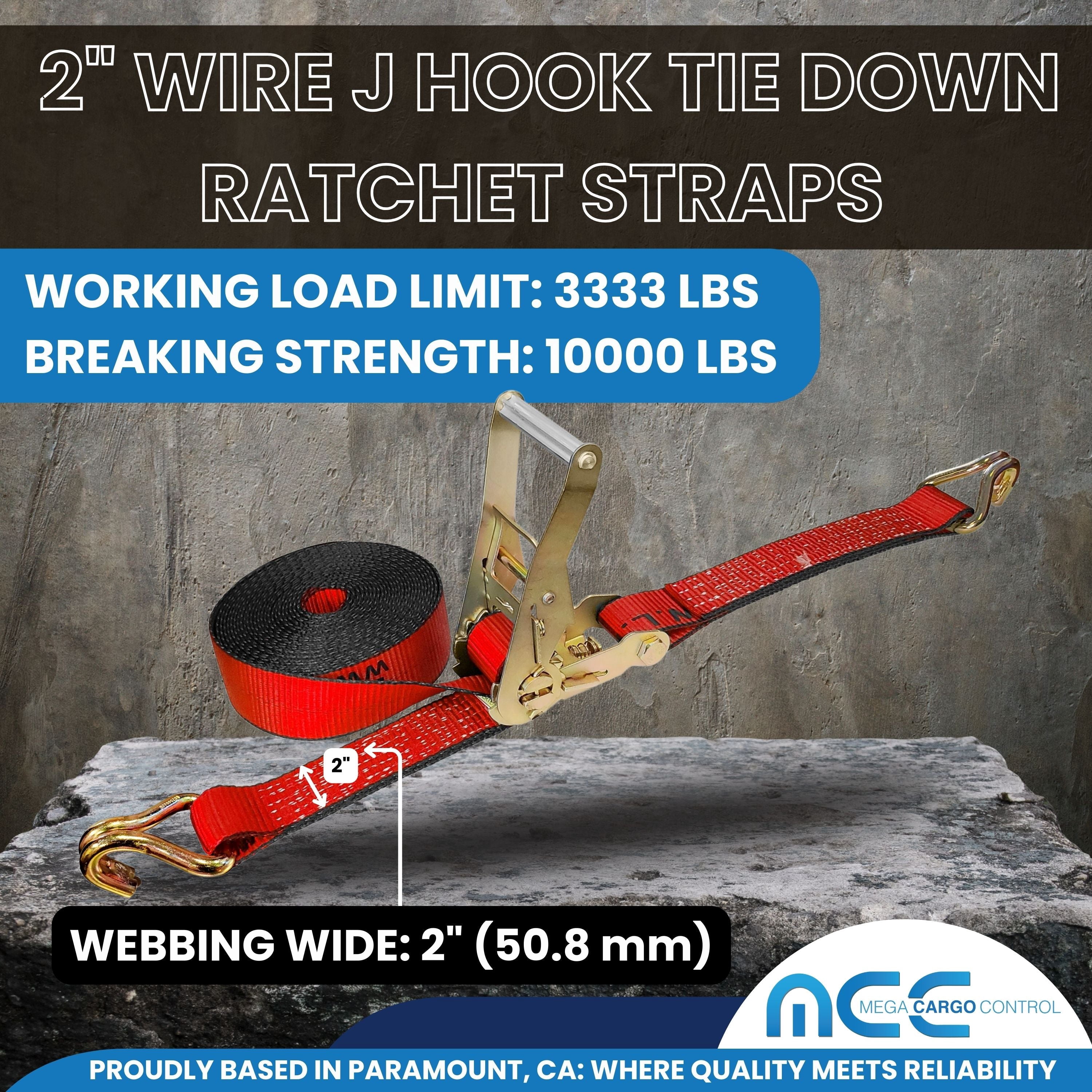Mega Cargo Control 10 Pack Heavy Duty Ratchet Straps with Wire J Hooks, 2" x 30' Cargo Tie Down Straps, 10,000 lb Breaking Strength, Trailer & Flatbed Load Securement, Red