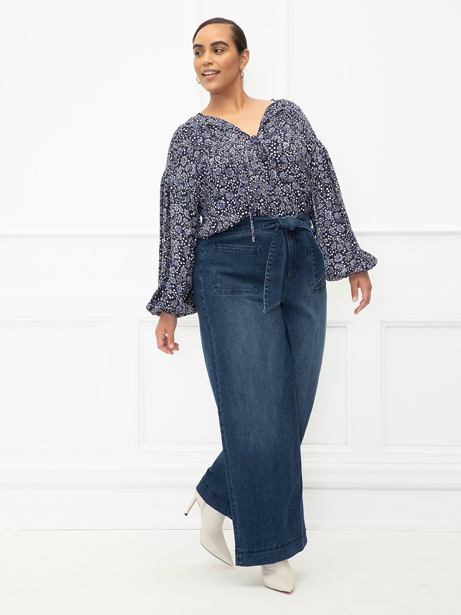 ELOQUII Elements Women's Plus Size Wide Leg Jeans with Waist Ties