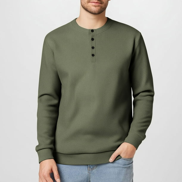 pstuiky manga larga para hombre, Camisa de punto de manga larga con cuello redondo y botones de color liso para hombre camisetas de hombre xl