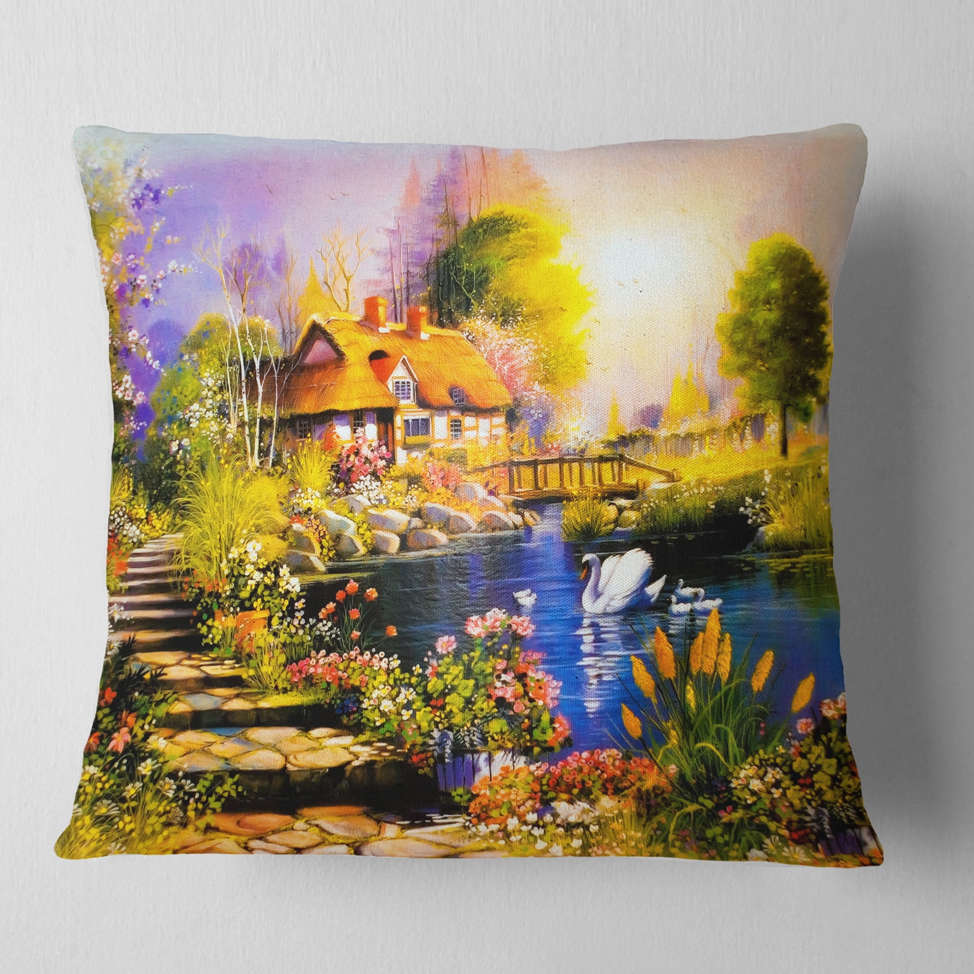 Designart House near the Lake Swans - Landscape Printed Throw Pillow - 18x18