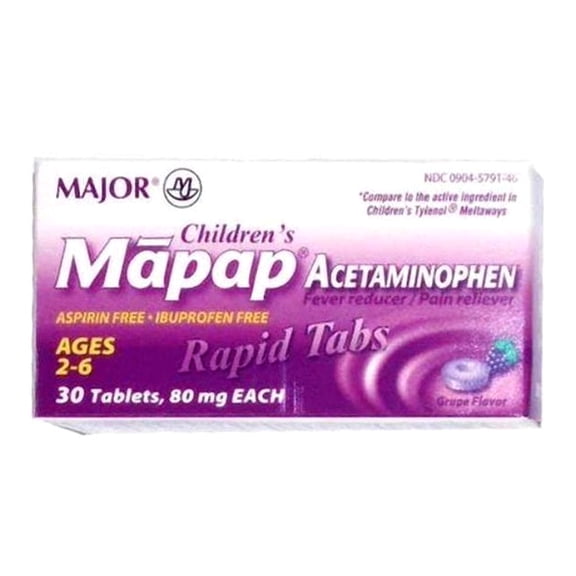Major Children's Mapap Grape Acetaminophen Rapid Tablets, Ages 2-6, 80 mg, 30 Count