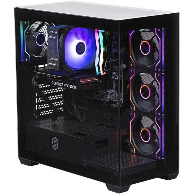 Stoneforged Lance PC de Jeu Doté d'Un Processeur Intel Core i5-14400F, GPU NVIDIA GeForce RTX 5060, 16 Go DDR5 6000MHz RAM et SSD NVMe 1 To. le Bureau Est Montré avec un Panneau Latéral transparent Révélant des Ventilateurs de Refroidissement RVB-Lit, des Composants Internes et un Châssis Noir Élégant. Préinstallé avec Windows 11 Famille, Ce Bureau de Jeu Est Conçu pour des Jeux Haute Performance et un Fonctionnement Fluide des Titres AAA Modernes.