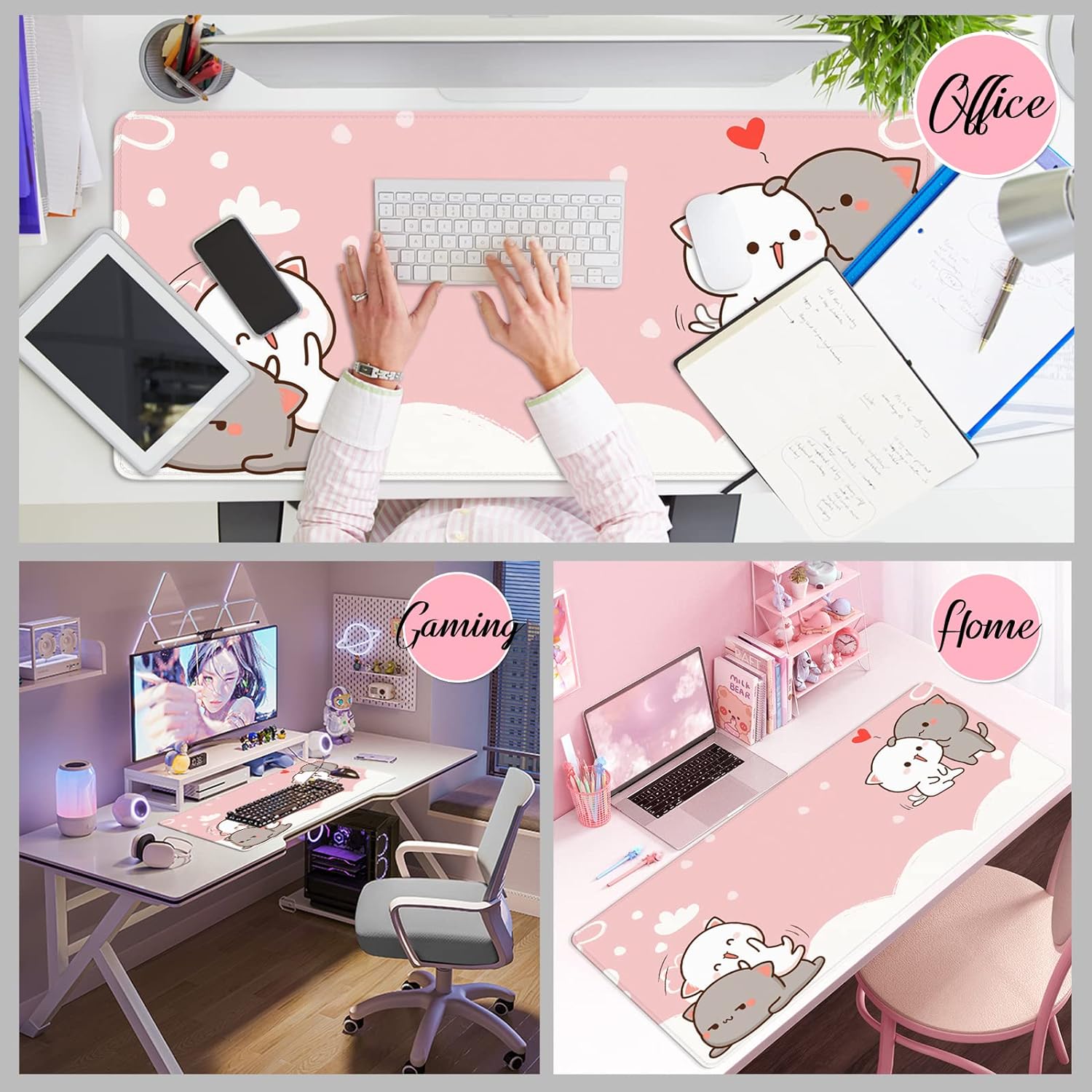 Pink Gaming Mouse Pad Gift for Women Cute Large Mouse Pad 35.4x15.7 inch Extra Large Rubber Mouse Pad Cat Theme Pink and White Mouse Pad (Pink -4)