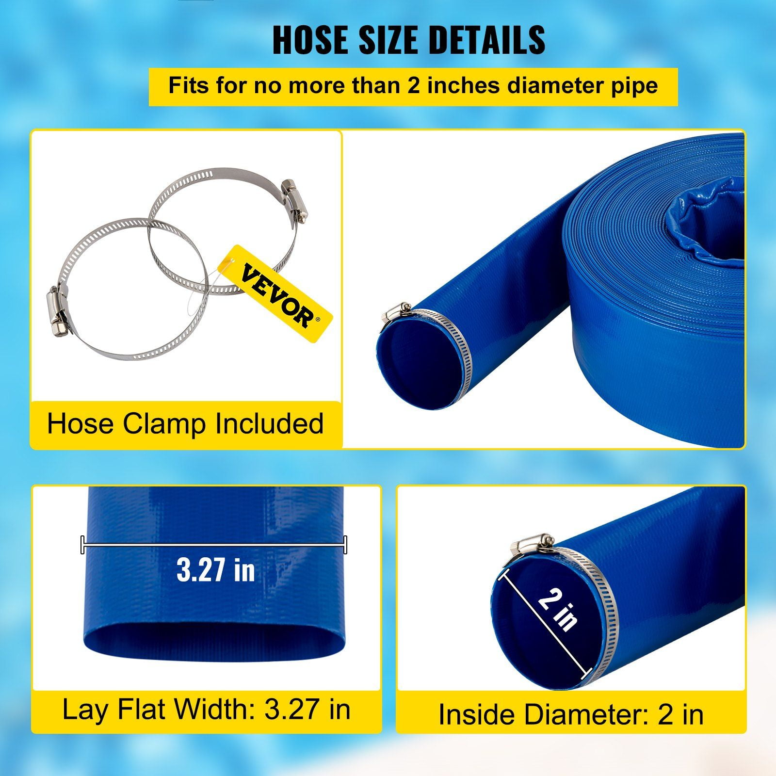 105ft x 2" Heavy-Duty PVC Lay Flat Discharge Hose with Clamps