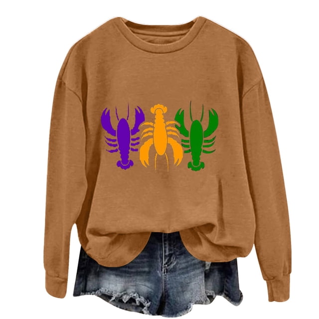 Baberdicy Haut à Manches Longues à Col Ras du Cou pour Femme à Imprimé Homard Brun Polyester