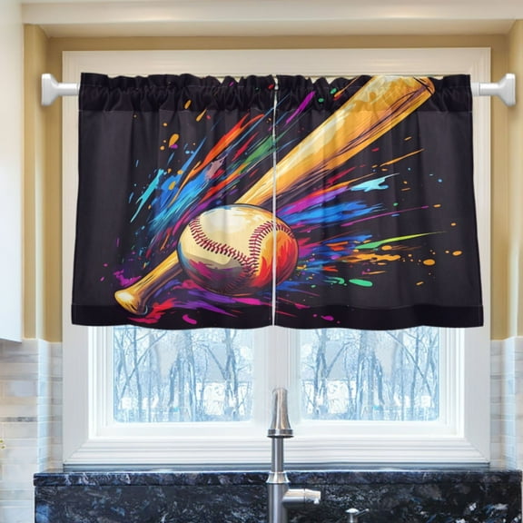 Ryvnso Baseball Bat Half Curtains Sets Tier 2 Panels Short Curtain Rod Pocket 27"W x 24"L