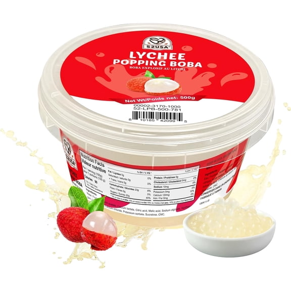 52USA Lychee Popping Boba (500g), Popping Pearls for Bubble Tea, Beverages, Sweets, Ice Cream, Shakes, Desserts & Smoothies Topping, 1.1 Pound (Pack of 1)