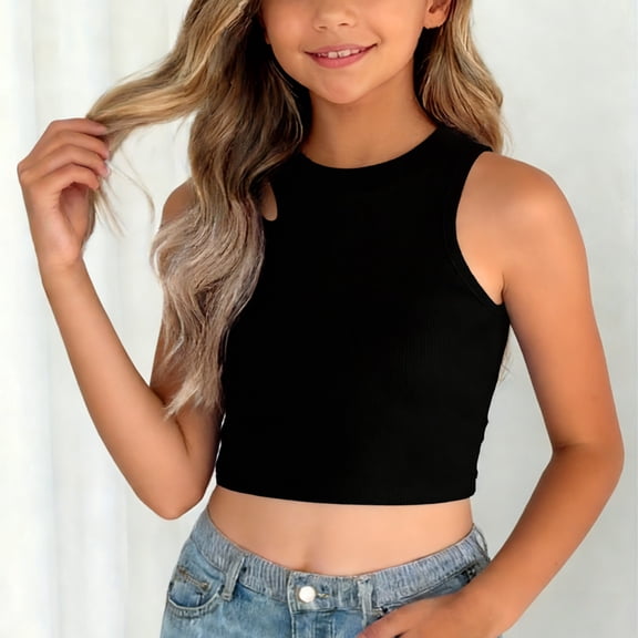 hengsof Girls' Seamless Sports Bra Yoga Sports Casual Top Round Neck Racerback Irregular Vest for Children and Teenagers