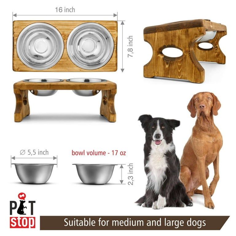 Pit Stop Pet Food Bowls with Stand, Puppy Dog Feeding Bowls with Non-Skid Wooden Stand, Set of 2 Stainless Steel Food and Water Bowls for Dogs and