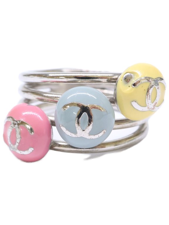 Pre-Owned CHANEL Triple Coco Mark Enamel Ring, Multicolor Silver, Women's