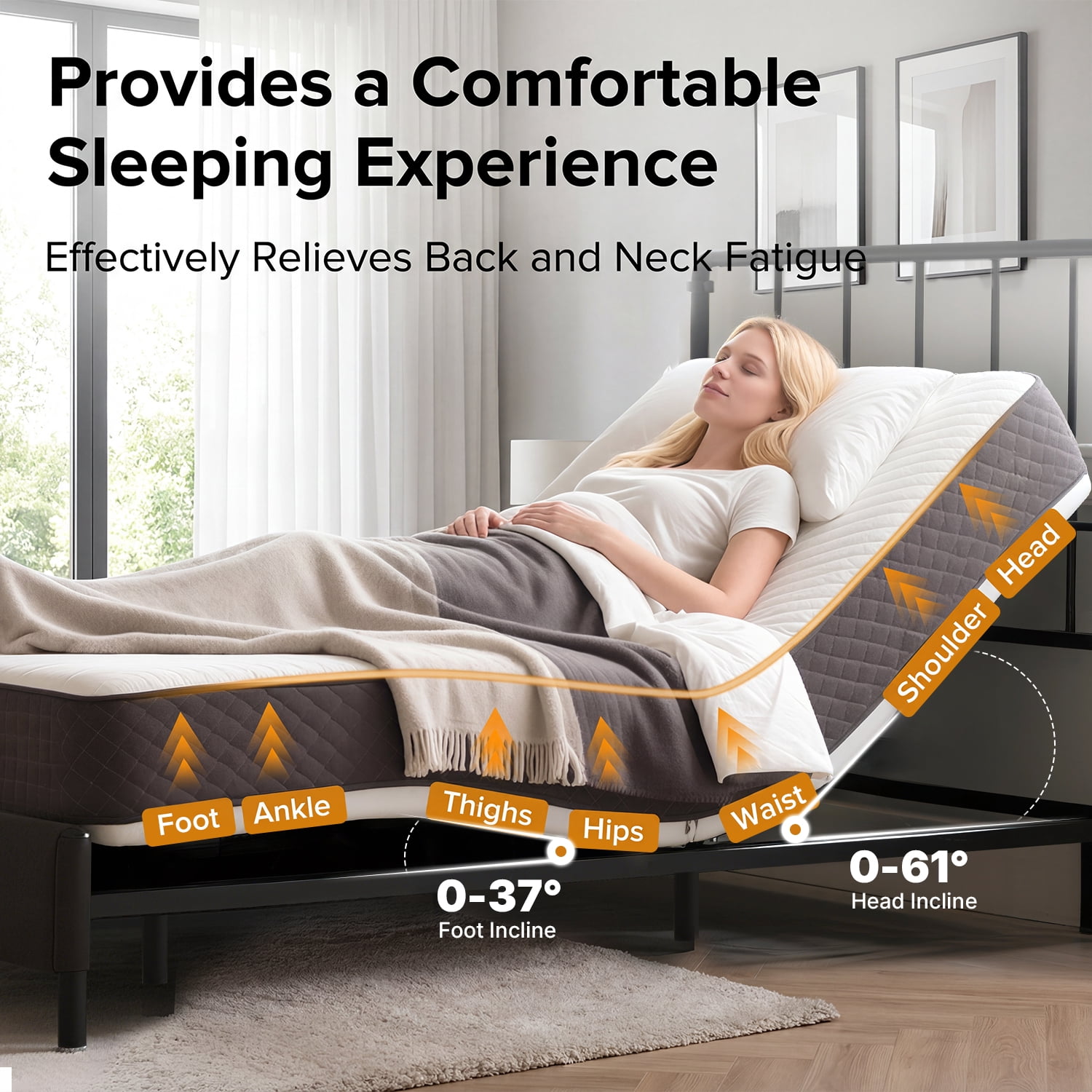 Queen Size Adjustable Bed Frame with Wireless Remote, Zero Gravity & Head & Foot Incline, Heavy-Duty Steel Frame, Whisper-Quiet Motor, Easy Installation