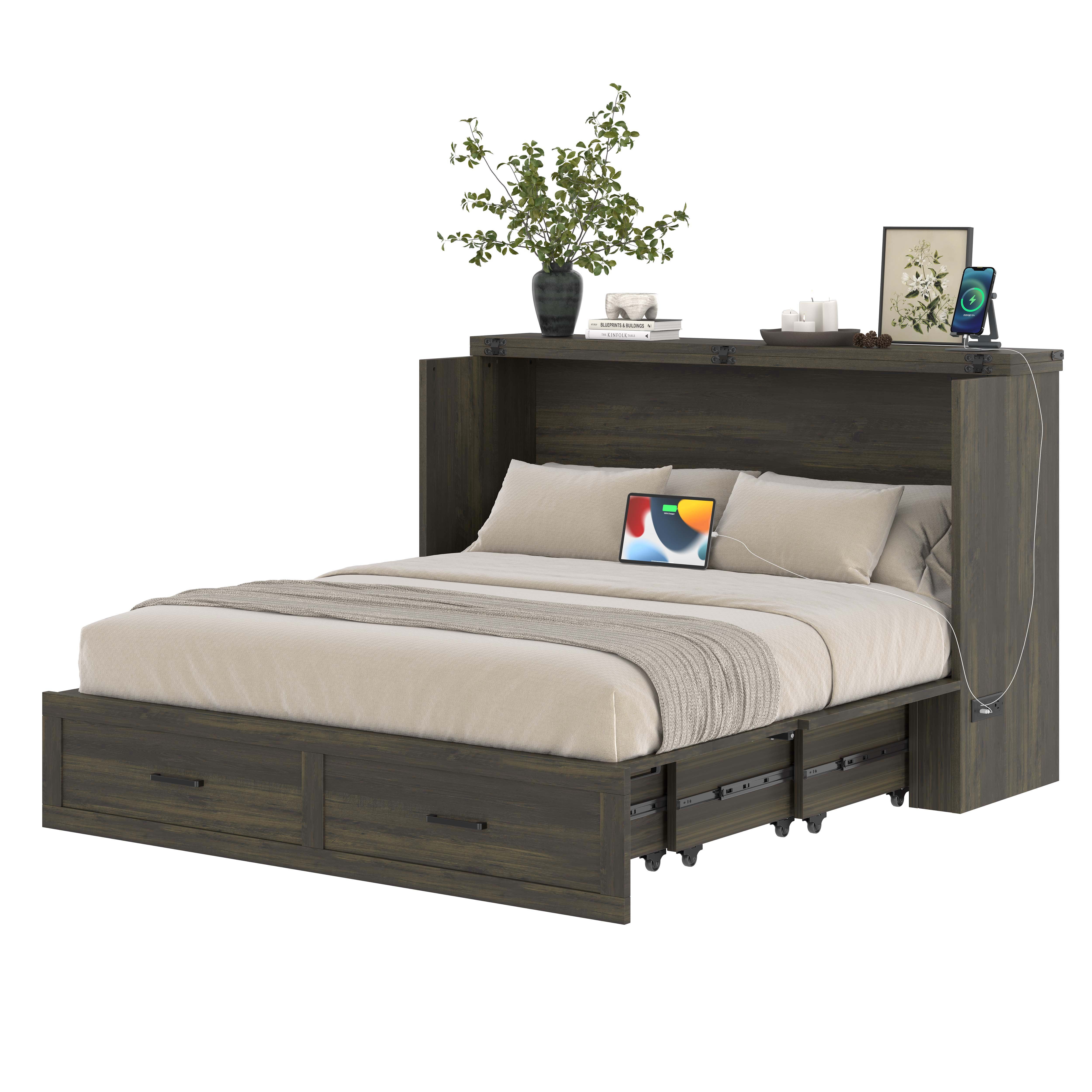 Mintazer Queen Murphy Cabinet Bed with Charging Station & Large Storage Drawer, MultiFunctional Foldable Platform Bed for Guest Room Bedroom, Brown