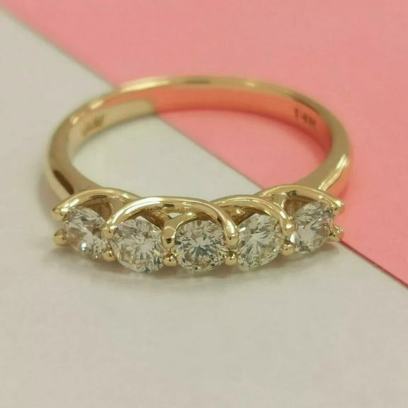2Ct Round Cut Diamond 5 Stone Wedding Band Ring 14K Yellow Gold Plated For Women's 925 Silver