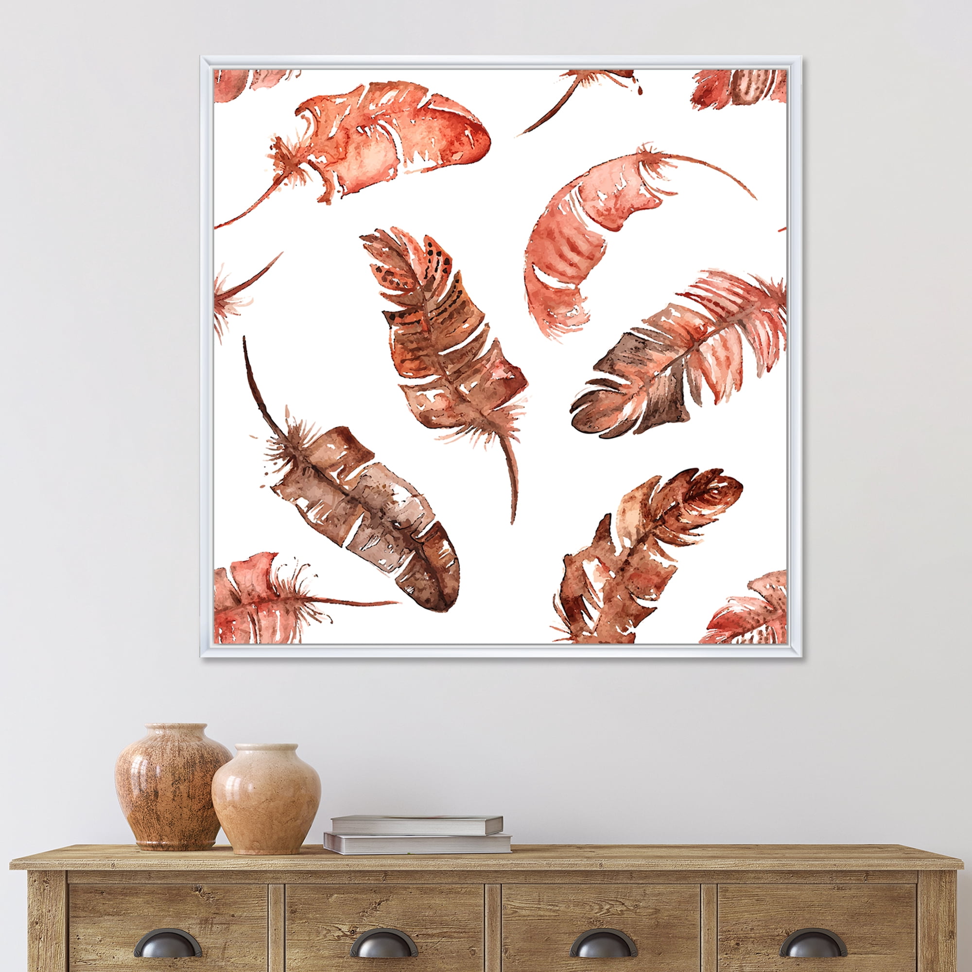 Designart 'Ethinic Orange Feathers On White' Bohemian & Eclectic Framed Canvas Wall Art Print
