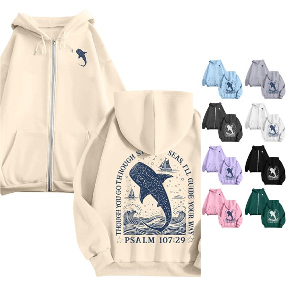 SONXAHE Shark Print Zip Up Hoodie Womens Oversized Long Sleeve Pocket Jacket Casual Outerwear