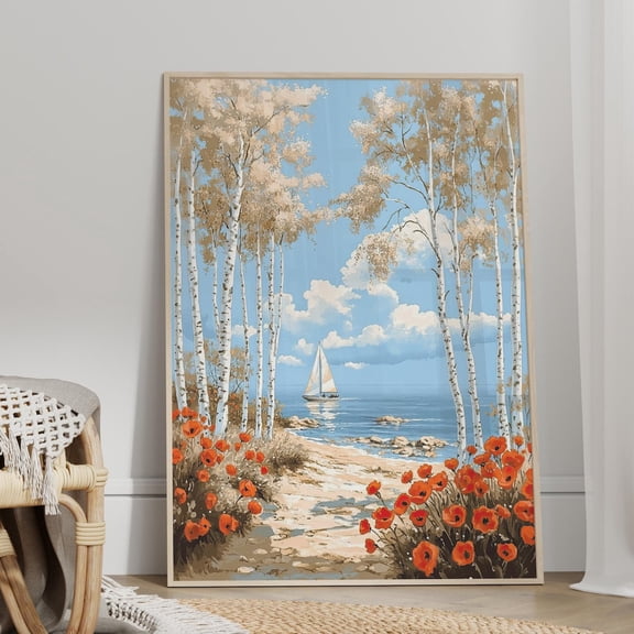 Sailboat Seaside Poppies Wall Art, Peaceful Coastal Beach Decor, Unframed Paper Print Size 8x12