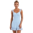 thumbnail image 2 of Vestido corto de verano para mujer, color liso, ribete de encaje, mangas acampanadas, escote en V, corte en A., 2 of 9