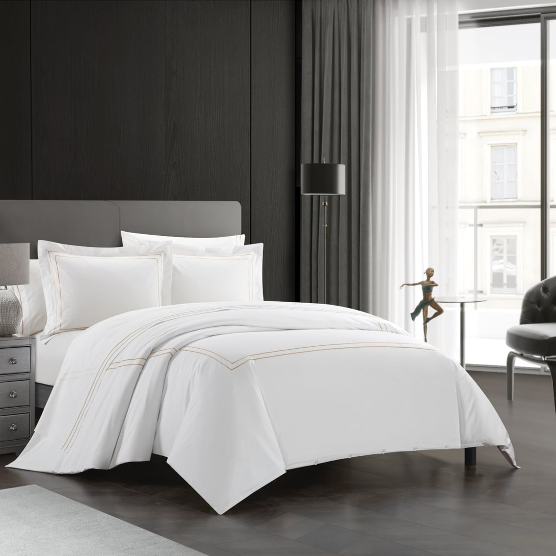 Alfrey 3 Piece Organic Cotton Duvet Cover Set Solid White With Dual Stripe Embroidered Border Hotel Collection Bedding