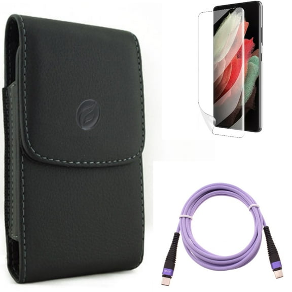 Matte Screen Protector & Purple 10ft PD Cable & Case Belt Clip for Samsung Galaxy S22 Plus (S22 ) - Combo TPU Film Anti-Glare & Type-C to USB-C Fast Charger Cord Extra Long & Leather Holster Cover