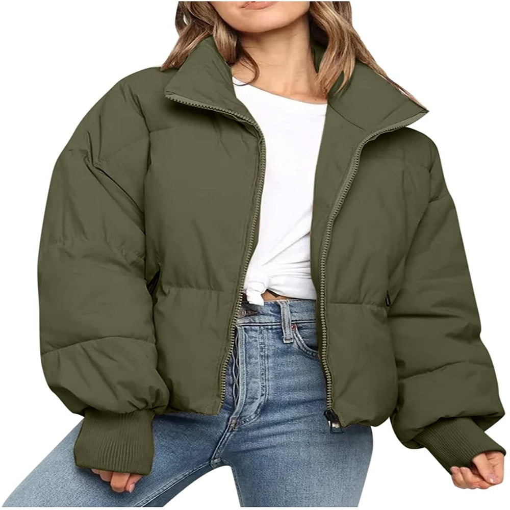 PENGXIANG Veste Courte Matelassée pour Femmes, Manteau d'Hiver Surdimensionné Vert Court
