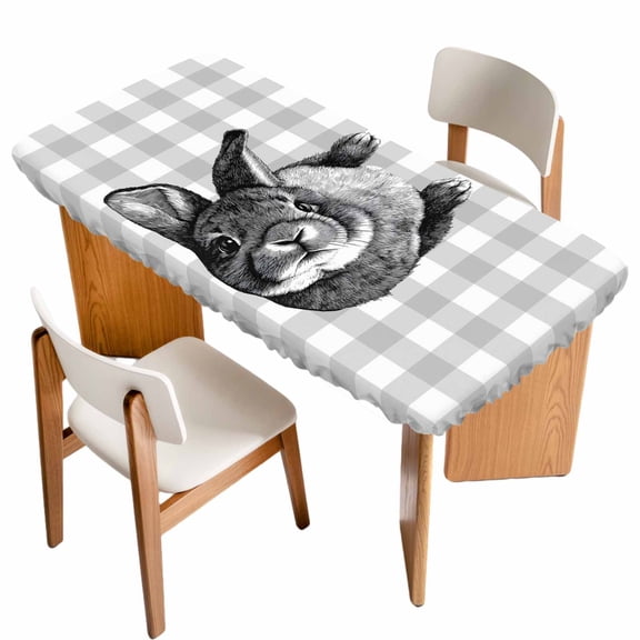 Grey Easter Table Cloths for 5 Foot Rectangle Tables, Spring Country Cute Bunny Plaid Checkered Patio Waterproof Elastic Fitted Tablecloths, Washable Rectangular Table Cover for Camping