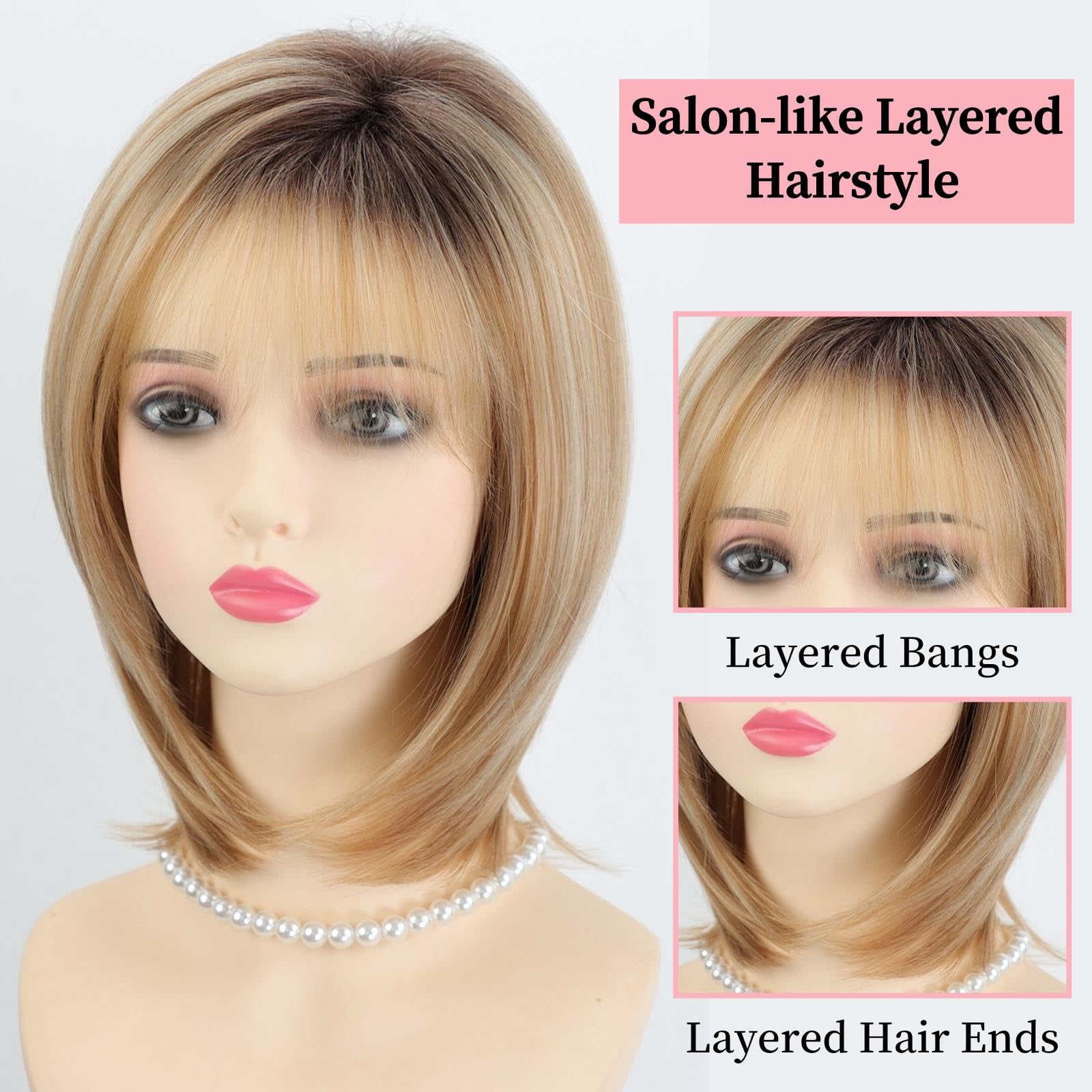 Layered Blonde Balayage Bob Wig for Women Medium Length Straight Synthetic Hair with Bangs Ombre Platinum Brown