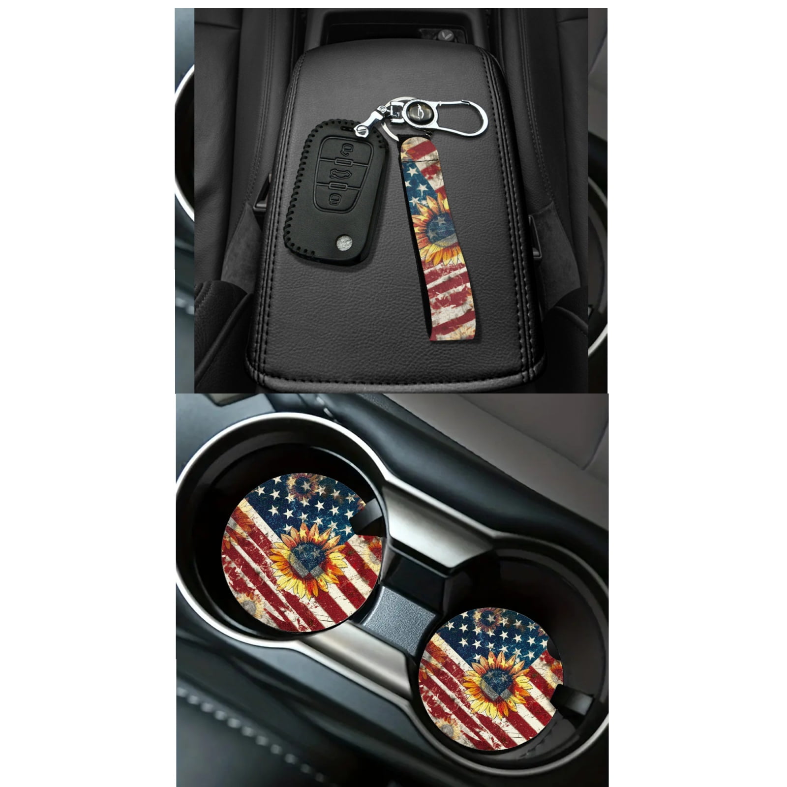 Jeiento American Flag Car Front Back Seat Covers with Steering Wheel Cover Seat Belt Pads Car Cup Mat Garbage Can Rear View Mirror Cover Wristlet Keychain Sunflower Air Vent Storage Holder, 15pcs