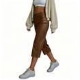 thumbnail image 6 of Women’s Faux Leather Capri Pants Elastic High Waist with Zipper & Button Closure, Loose Straight Wide Leg Cropped Trousers with Pockets Brown, 6 of 9