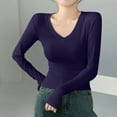 thumbnail image 2 of GigrtiJin Womens New Long Sleeve Shirts Solid Color V-Neck Pullover Tops Fall Fashion Casual Basic Slim Shirts, 2 of 3