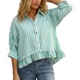 thumbnail image 2 of Yopmin 3/4 Sleeve Blouses for Women Striped Cropped Button up Shirts Ruffled Summer Loose Tops for Vacation Party, 2 of 7