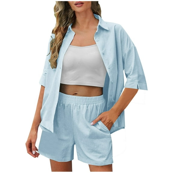 ZyeKqe Womens 2 Piece Lounge Sets Button down 3/4 Sleeve Shirt and Shorts with Pockets Vacation Beach Outfits