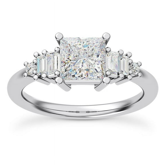 Veda Jewelry Engagement Ring for Women - 1.58 Ct Princess, Round and Baguette Moissanite Tia Graduated Design - 14K White Gold Plated Jewelry for Brides - Wedding and Special Event Ring