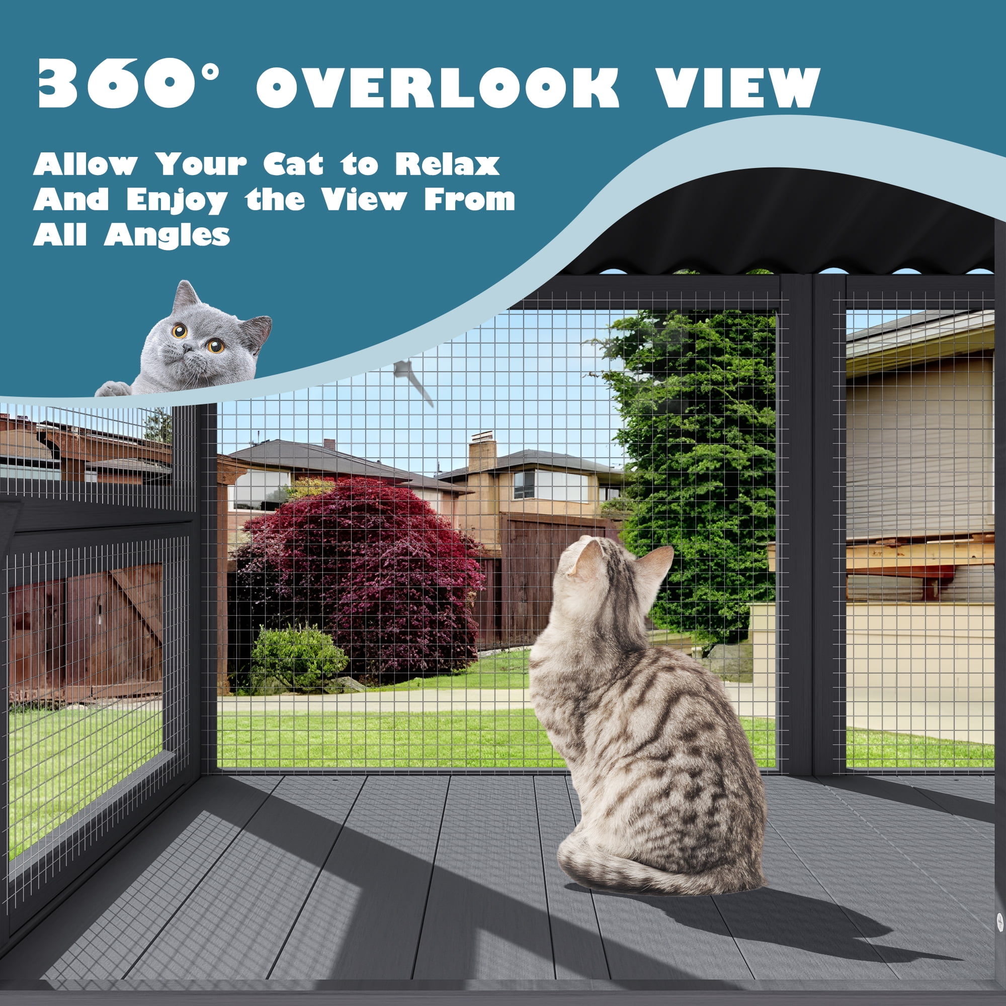 Haverchair Catio Cat Window Perch Outdoor, 360° Catio Cat Enclosure Window for Indoor Cat with Waterproof Roof, Cat Window Box with Metal Mesh Cat Door for Sunbathing, Napping, Overlook