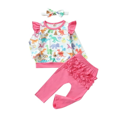 

Baby Girl Clothes Dinosaur Print Top+Wrinkled Pants+Headband Toddler Outfit