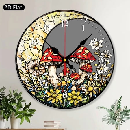 Mushroom Round Wall Clock, Cottagecore Stained Glass Style Art Print, Farmhouse Rustic MDF Wood Home Decor, Aesthetic Living Room Kitchen Wall Hanging