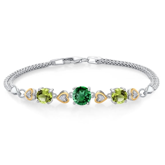 Gem Stone King 925 Sterling Silver and 10k Yellow Gold Green Nano Emerald Green Peridot and White Lab Grown Diamond Bracelet for Women (3.30 Cttw, Round 7MM and 6MM, 6.5/7/7.5 inch, Made in Italy)