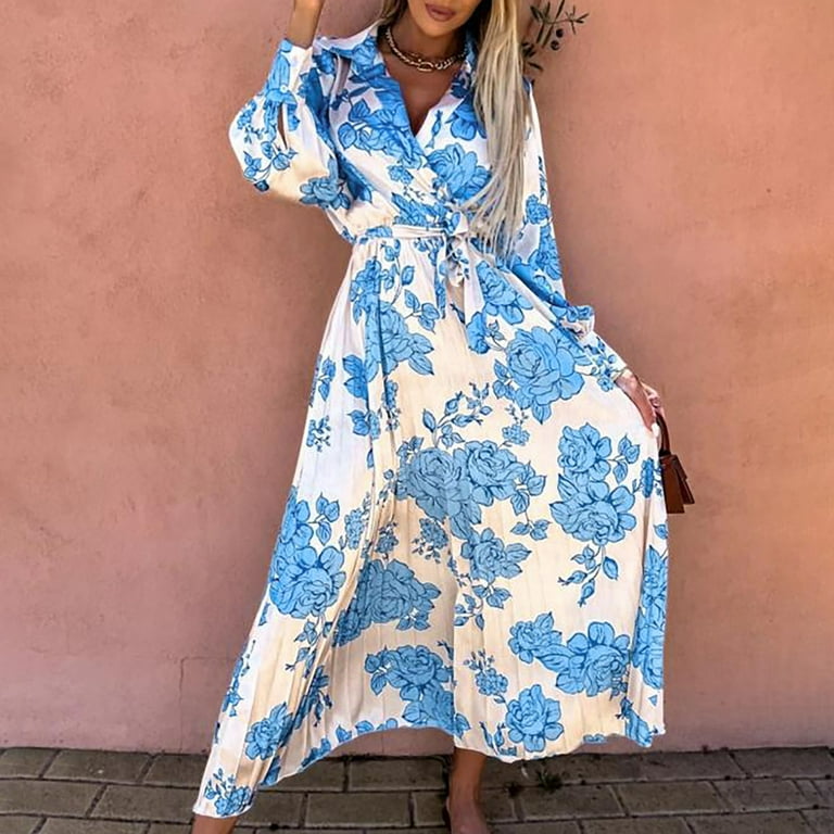 Women Pleated Long Dress Long Sleeve Lapel Lace-Up Waist