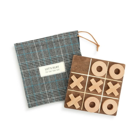Demdaco Let's Play Tic-Tac-Toe Blue Plaid 6 x 6 Wood Travel Game Bag Set