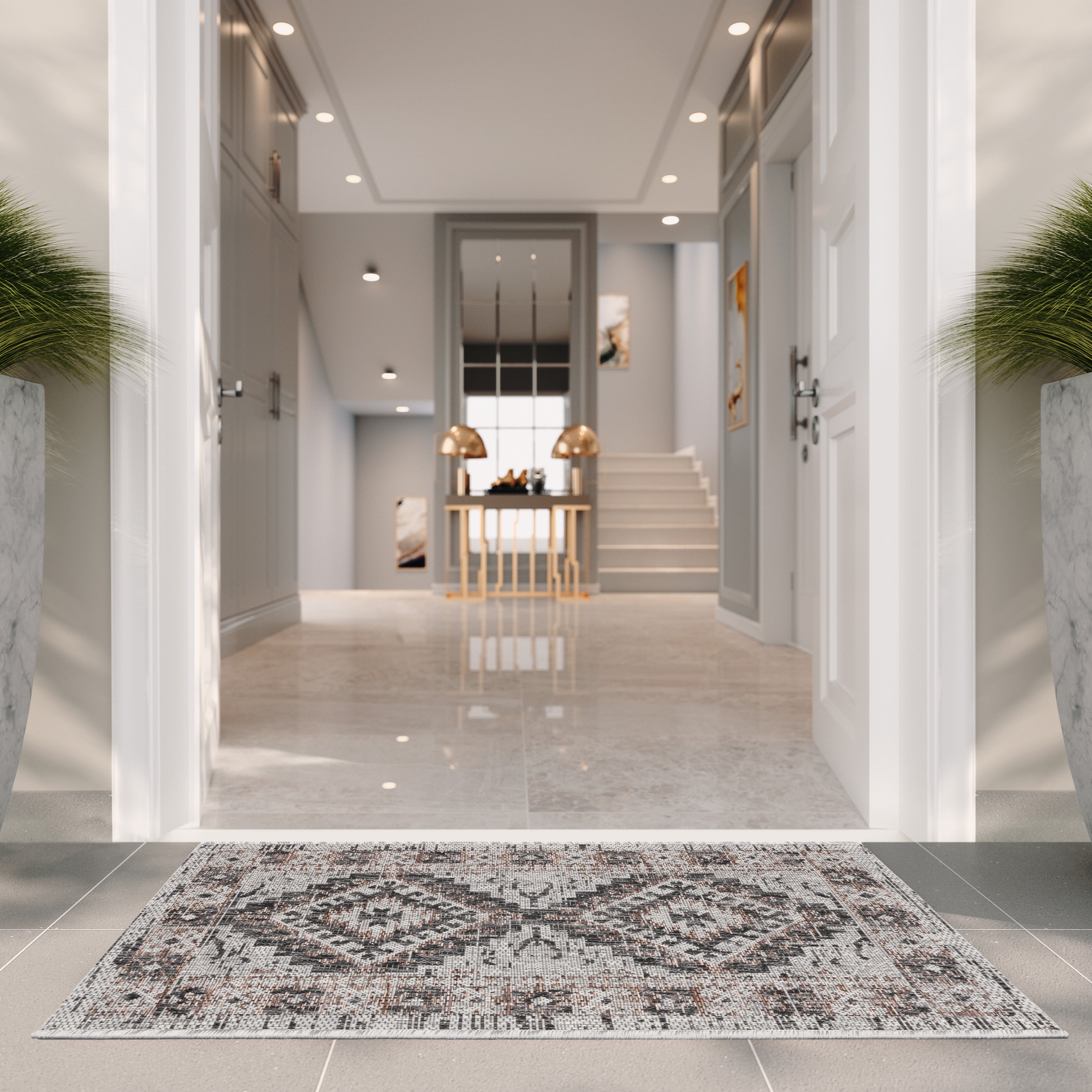SAFAVIEH Courtyard Davin Geometric Indoor/Outdoor Area Rug, Light Grey/Light Beige, 6'7" x 9'6"