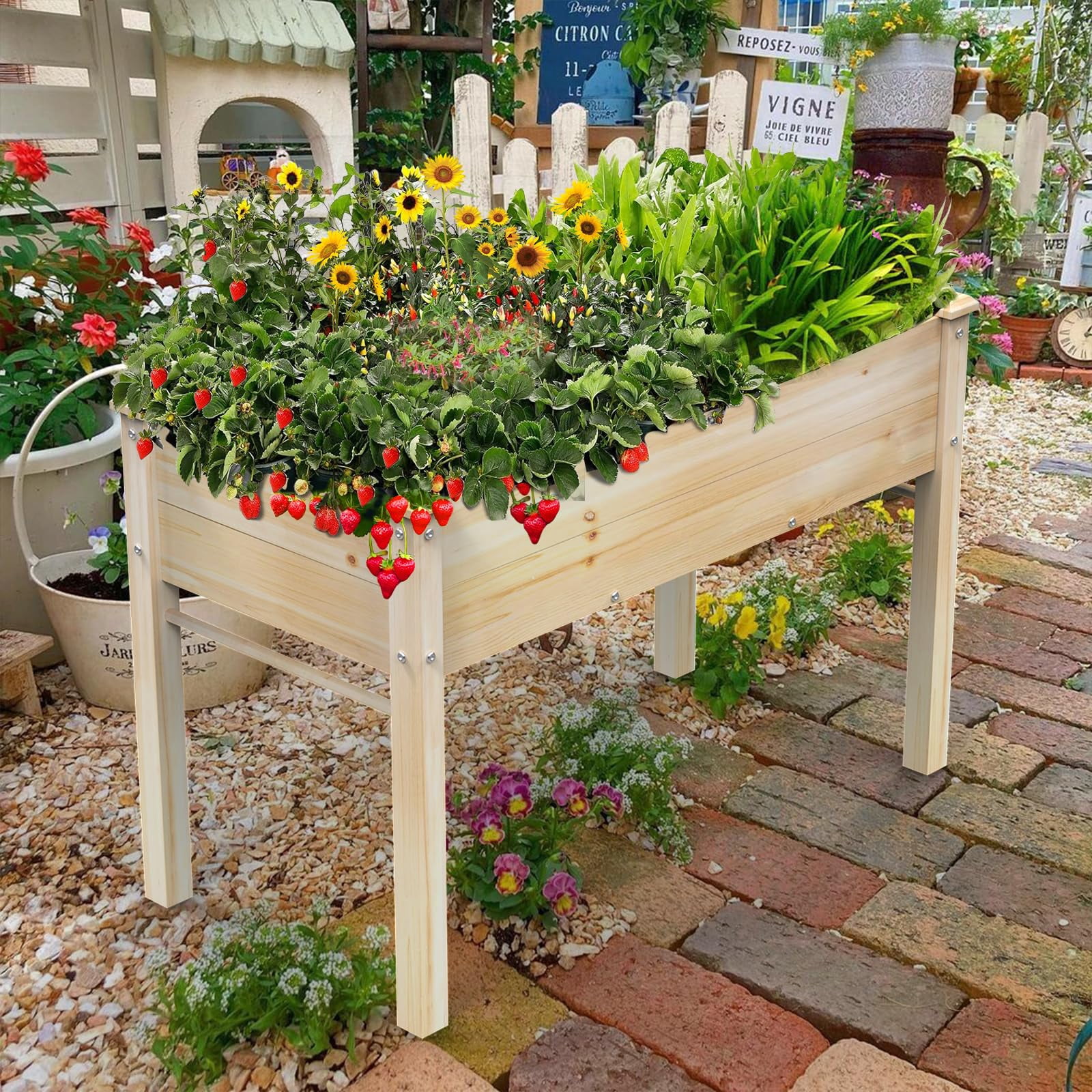 Yacona 48" x 24" x 31" Wooden Planter Box, Outdoor Raised Garden Bed with Legs, for Herbs Flowers Vegetables