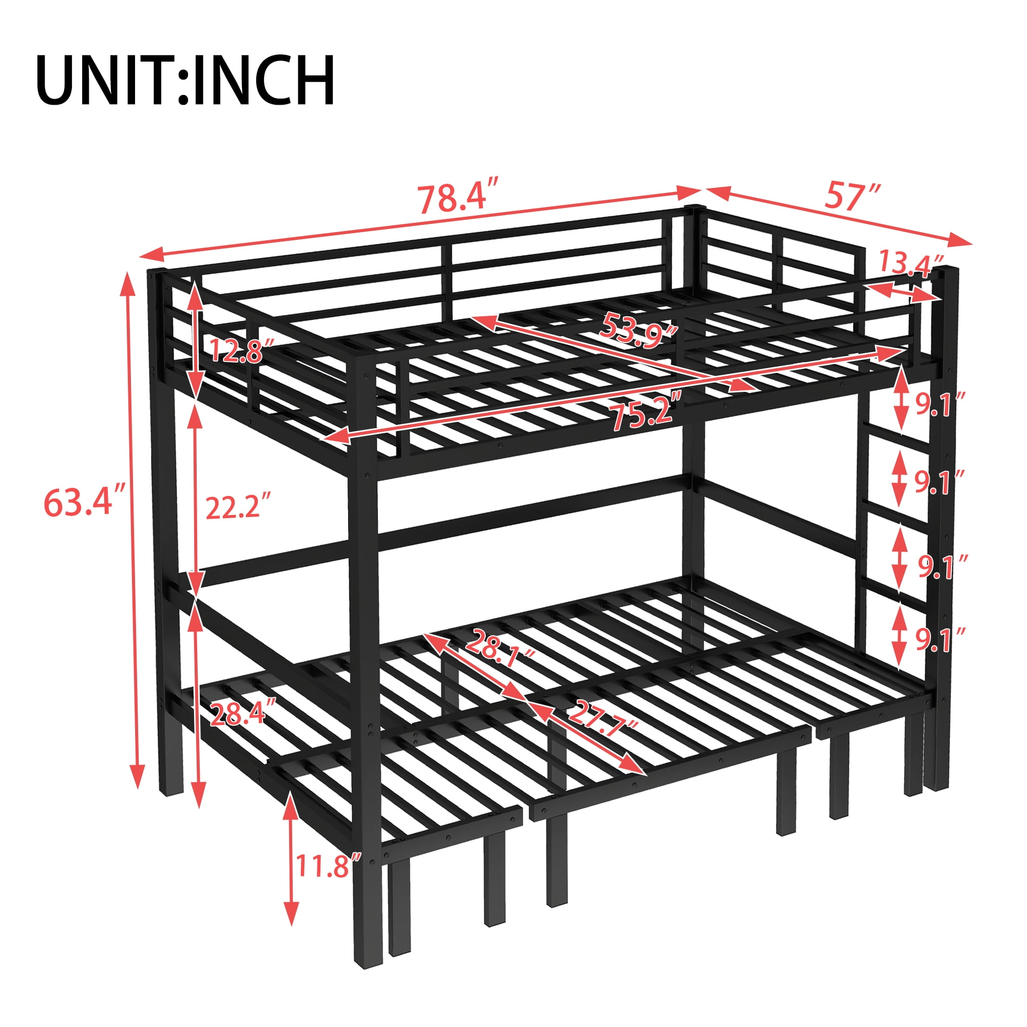 Mintazer Full Over Full Metal Bunk Bed with Pull-Out Lower Bed & Guardrails for Teens Adults Bedroom Dorm, Black