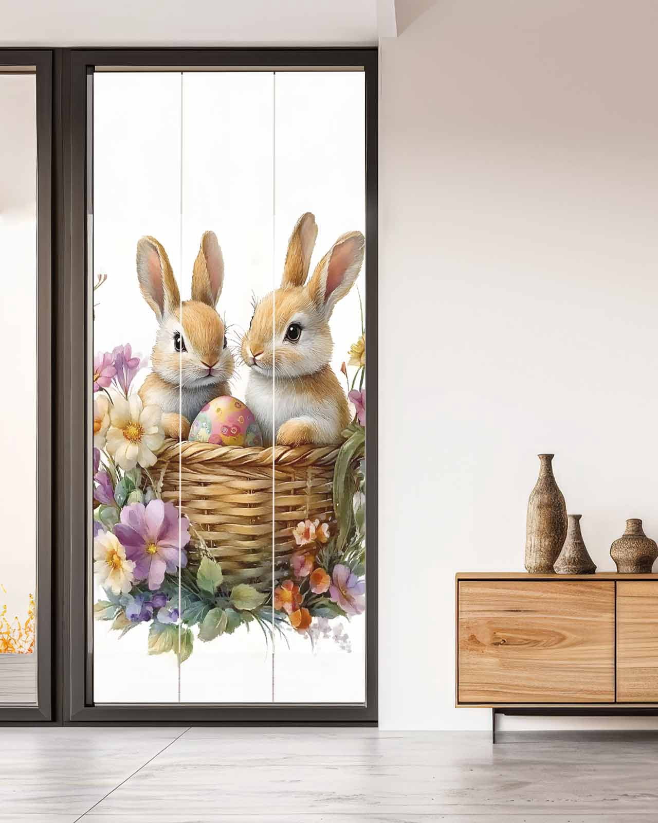 Window Privacy Film Spring Easter Stained Glass Window Film Decorative Sun Block Window Cover Bunny Floral Blooming Botanical Window Clings Static Adhesive Sticker for Bathroom 35.4"x78.7"