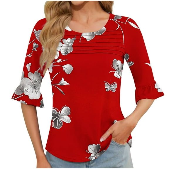 HOMBOM Crew Neck Women Shirts Red Half Sleeve Pullover Front Pleated Ruffle Sleeve Tunic Flowers T Shirt