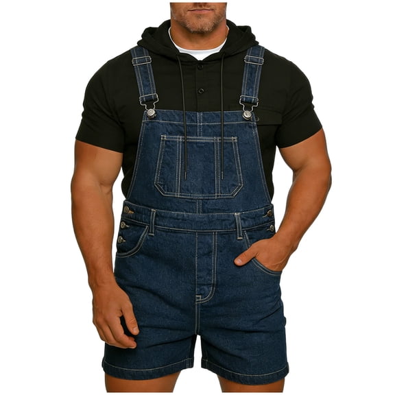 Mens Denim Shorts Bib Overall Jean Romper Distressed Washed Baggy Walkshort Adjustable Strap Hip Hop Jumpsuit