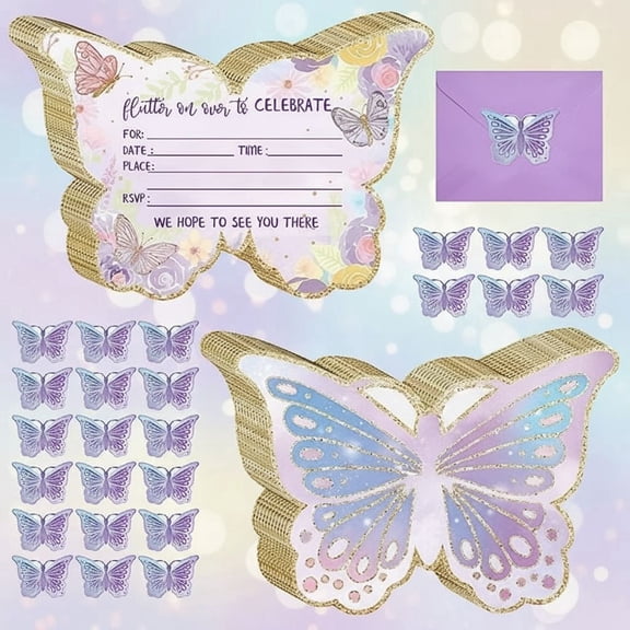 24 Sets Butterfly Birthday Invitations with Envelopes and Stickers for Kids Birthday Baby Shower Party FOR GIRLS Party Invitations