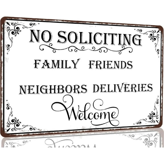 AociSuki No Soliciting Sign Family Friends Neighbors Deliveries Welcome Metal Sign Door Decor Sign for Outdoor Home Front Door House Wall Decor 8x12 inch